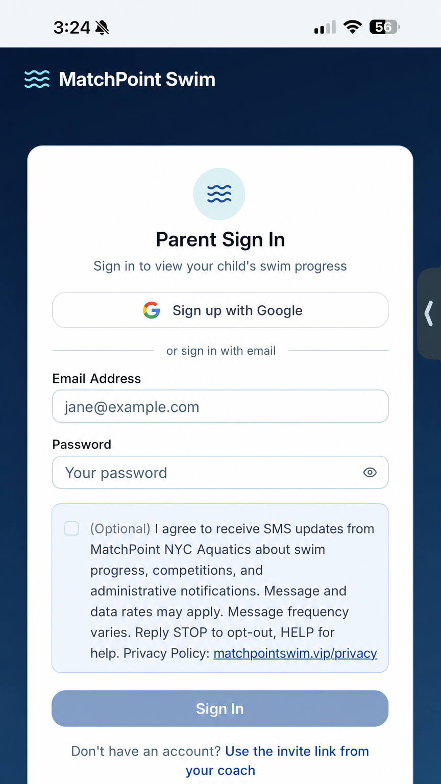 SMS Opt-In Checkbox Example - MatchPoint Swim Parent Sign In with SMS consent checkbox